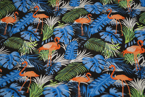 Canvas Dekostoff / Schwarz mit Flamingos und Palmblätter