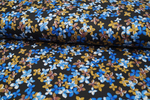 Poly-Viskose- Jersey Schwarz mit Braunen und Blauen Blüten
